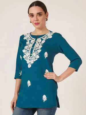 vestito Women Printed Straight Kurta(Blue)