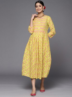 Indo Era Women Printed Ethnic Dress Kurta(Yellow)