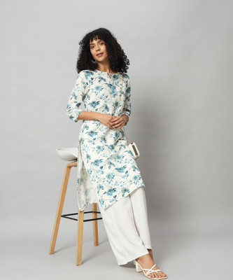 Sa Rasa Women Floral Print Straight Kurta(Light Blue)