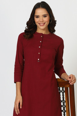 W Women Solid Straight Kurta(Maroon)