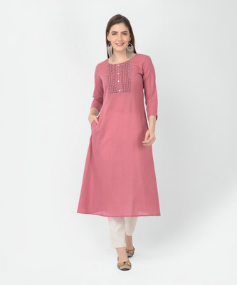 Span Women Solid A-line Kurta(Pink)