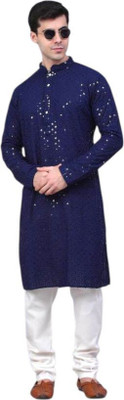 DHASU TRENDZ Men Embroidered Straight Kurta(Blue)