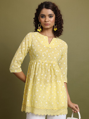 Vishudh Women Embroidered A-line Kurta(Yellow)