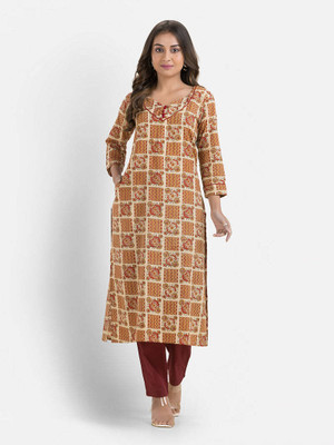 Crazy Needle Women Geometric Print Straight Kurta(Beige, Maroon)