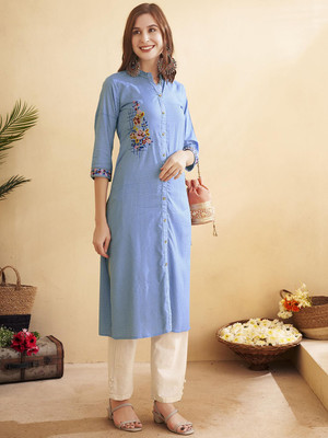 ANOUK Women Checkered Straight Kurta(Blue)