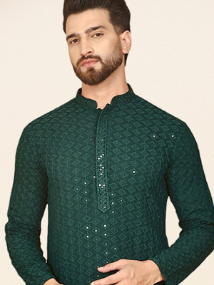 ANOUK Men Embellished Straight Kurta(Green)