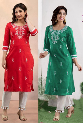 SISTO Women Chikan Embroidery Straight Kurta(Multicolor)