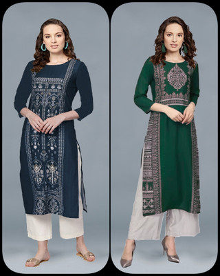 glamson Women Printed A-line Kurta(Blue)