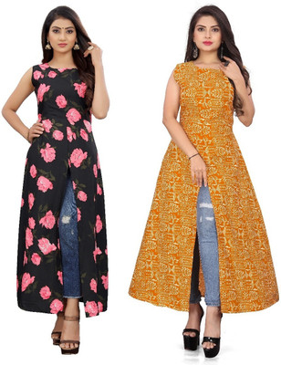 tanvi creation Women Floral Print Frontslit Kurta(Orange)