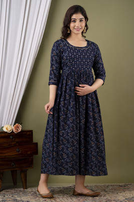 ANUOM Women Printed Flared Kurta(Blue)