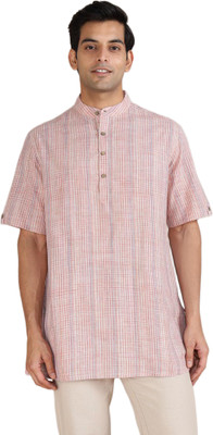 Fabindia Men Checkered Straight Kurta(Pink)