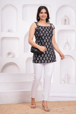 shobhit Women Printed Tunic Kurta(Black)