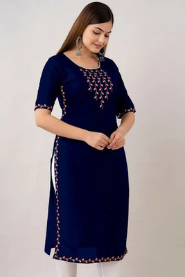 Kapadia Women Embroidered Straight Kurta(Blue)