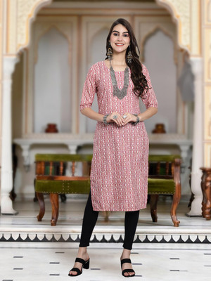 HERE&NOW Women Printed Straight Kurta(Red, White)