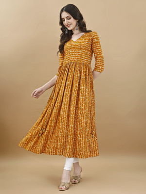 TextileNow Women Printed Flared Kurta(Yellow)