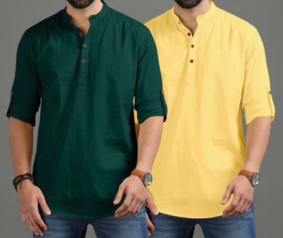ROYAL SCOUT Men Solid Straight Kurta(Green, Yellow)