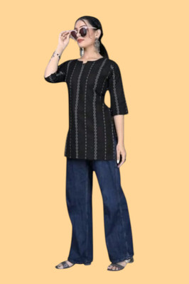 THEICON Women Striped A-line Kurta(Black)