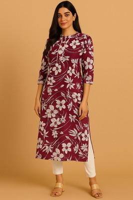 DehatiWardrobe Women Floral Print Straight Kurta(Maroon)