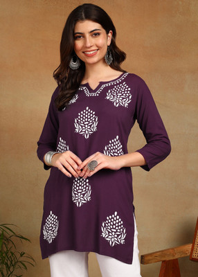 VAHSON Women Chikan Embroidery, Floral Print, Embroidered, Paisley, Self Design A-line Kurta(Purple, White)