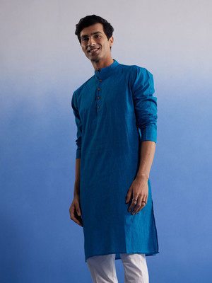 VASTRAMAY Men Woven Design, Self Design, Striped Straight Kurta(Blue)
