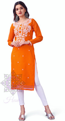 HESVI Women Chikan Embroidery A-line Kurta(Orange)