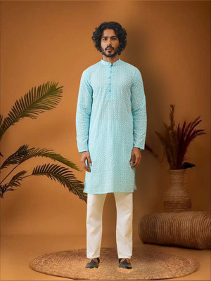 Jompers Men Printed Straight Kurta(Blue)