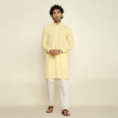 Crease India Men Chikan Embroidery Straight Kurta(Yellow)