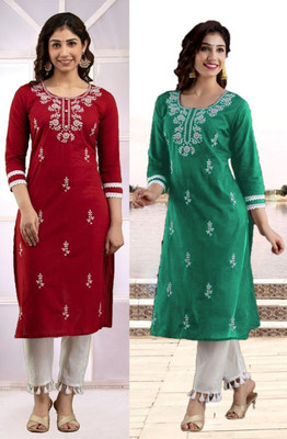 HouseOfCommon Women Embroidered Straight Kurta(Multicolor)