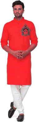 Enmozz Men Printed Straight Kurta(Red)