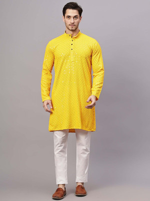 FireFish Men Chikan Embroidery A-line Kurta(Yellow)