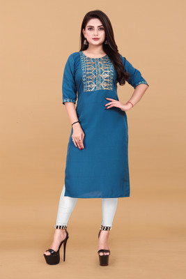TITHIGARMENTS Women Solid, Embroidered A-line Kurta(Blue)