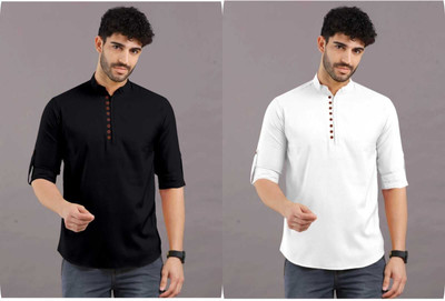 GUYS HUBB Men Solid Straight Kurta(Black, White)