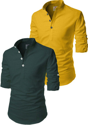 Apektra Men Solid Straight Kurta(Yellow, Dark Green)