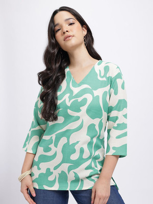 Anouk Rustic Women Printed Straight Kurta(White, Green)
