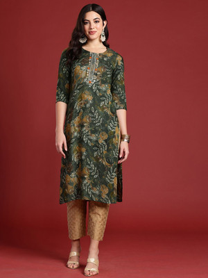 ANOUK Women Floral Print Straight Kurta(Green)