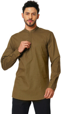 Indivisual Men Woven Design A-line Kurta(Green)