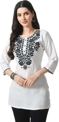 Indonium Women Embroidered, Floral Print Straight Kurta(White)
