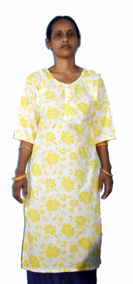 aaapremises Women Floral Print A-line Kurta(White, Yellow)