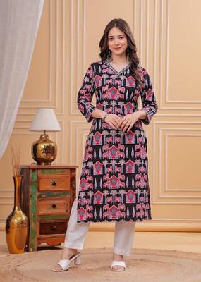 PARTHVI Women Printed Straight Kurta(Black)