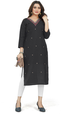ASTEYAM Women Solid, Embroidered A-line Kurta(Black)