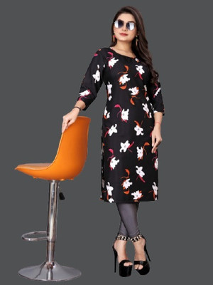 dharmanandan creation Women Printed Straight Kurta(Black)