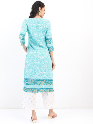 Vishudh Women Printed Straight Kurta(Blue)