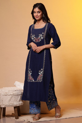 Aurelia Women Solid Straight Kurta(Dark Blue)