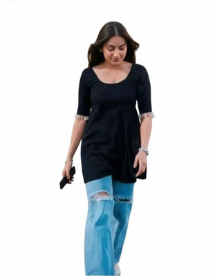 KAVATHIYA Women Solid Straight Kurta(Black)