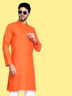 Rajababu Men Solid Straight Kurta(Orange)