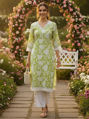 FORKEY Women Floral Print Straight Kurta(Light Green)