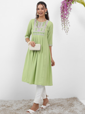 Vishudh Women Solid A-line Kurta(Green)