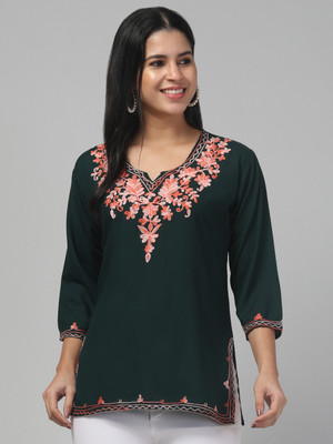 Trend Level Women Embroidered Straight Kurta(Dark Green, Orange)