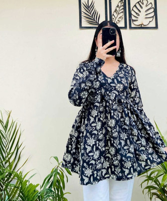 sarswa Women Printed Flared Kurta(Black)