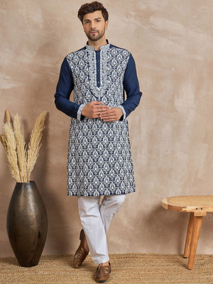 ANOUK Men Self Design Straight Kurta(Blue)